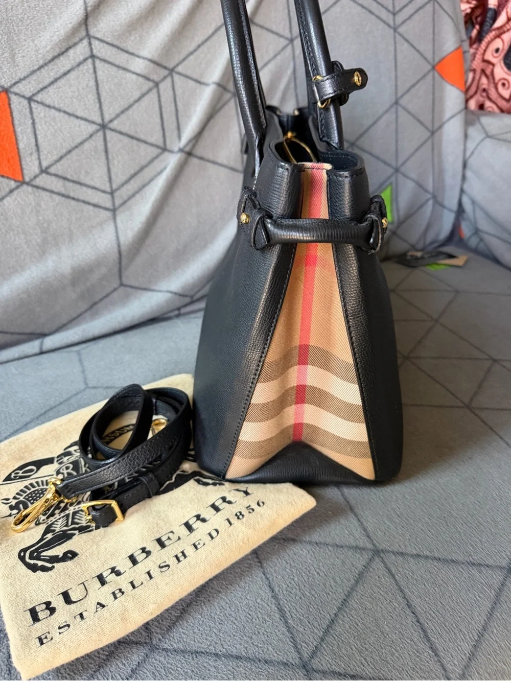 Burberry Black Leather Top-Handle Tote with long strap